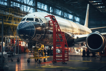 Passenger aircraft on maintenance of engine and repair in airport hangar