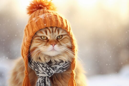 Funny ginger cat in in a warm knitted hat and scarf on a winter day with copy space.