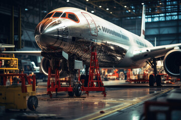 Passenger aircraft on maintenance of engine and repair in airport hangar - obrazy, fototapety, plakaty