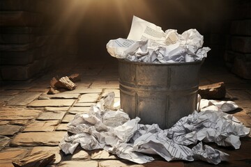 A used paper sheet, wrinkled and discarded, rests in the bin