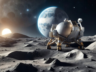 lunar space shutter lander on the surface of a planet of the moon with view OG planet earth globe in the background for astronomy concepts as wide banner with Copy Sapce area - obrazy, fototapety, plakaty