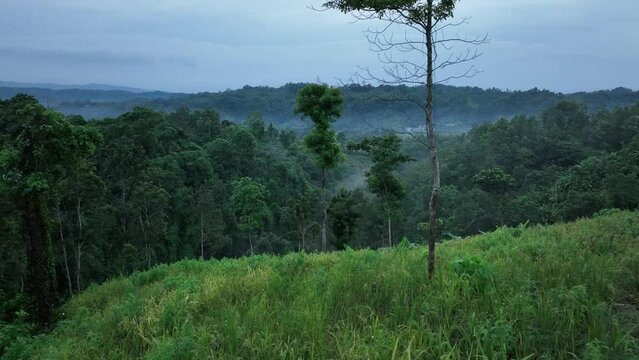Aerial view of a beautiful mountain landscape with low clouds, Chittagong, Bangladesh.