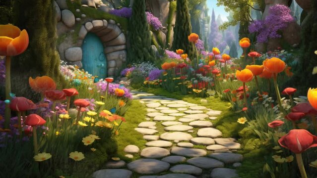 whimsical garden bursting with vibrant tulips and daffodils of various colors with butterfly animation. with anime or cartoon style. seamless looping time-lapse virtual video animation background.