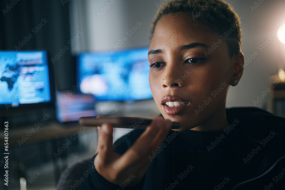 Poster Hacker woman, phone call and night for coding, idea or deal for cybersecurity, data phishing or ransomware app. Programmer, dark room and trading info for scam, software and negotiation on speaker