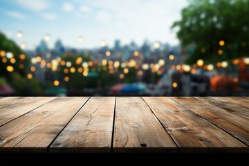 An empty wooden table, its surroundings alive with a lively celebration - obrazy, fototapety, plakaty