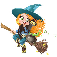 Cute cartoon witch girl with cat fly on broom