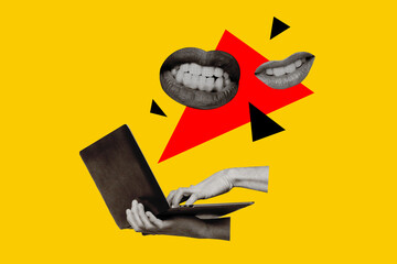 Billboard collage image of unknown person using netbook make online order isolated on yellow...