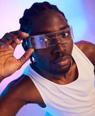 Man, portrait and virtual reality sunglasses for futuristic fashion, designer brand and style in...