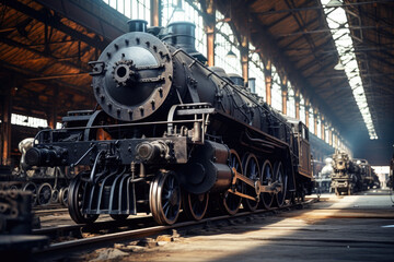 Old black steam locomotive engine train in a hangar - obrazy, fototapety, plakaty