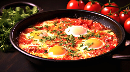 scrambled eggs with yolk in a pan with tomatoes