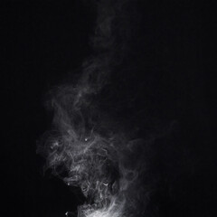 Smoke, black background and steam, fog or gas on mockup space wallpaper. Cloud, smog and magic effect on dark backdrop of incense with abstract texture, pollution pattern and mist vapor moving in air