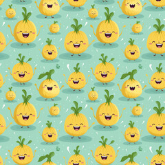 Endless seamless pattern, background textture, vegetable, onion, cartoon, happy onions