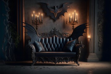 Gothic bat wing design couch Stone floor Ornate gothic lace black curtain background Industrial many candles dark arts black velvet backlit warm and cool lighting photorealistic hyper realistic  - obrazy, fototapety, plakaty