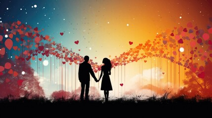 Fototapeta premium Silhouettes of a man and a woman holding hands on a multicolored background with hearts