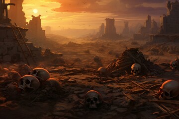 Remnants of ancient conflict with bones and skulls strewn about. Symbolizes war, devastation, and the end of civilization. Generative AI