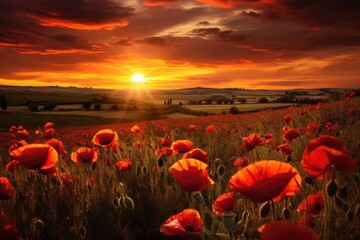 Sunrise over fields with poppies