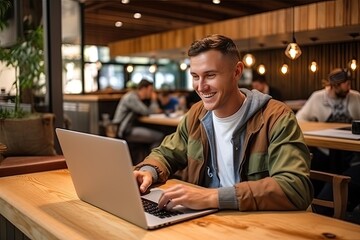 Fototapeta premium Cheerful and contented young Caucasian man sitting at desk and using laptop with a smile appears to be engaged and focused on his work. Generative AI