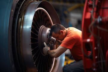 Mechanics inspecting and repairing  jet engine. Maintenance at aircraft hangar.Jet engine maintenance and change part by aircraft technician .  - obrazy, fototapety, plakaty