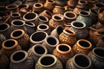 Obraz na płótnie Canvas Diverse clay pots, artisan made, arranged on the markets earthy floor