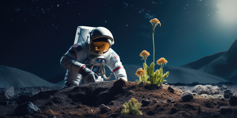 astronaut planting a plant on a meagre planet