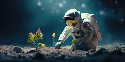 Abwaschbare Fototapete astronaut planting a plant on a meagre planet © Zanni