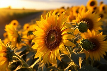 Fototapeta premium Fields of sunflowers painted in the warm colors of a setting sun