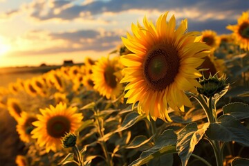 Obraz premium Fields of sunflowers painted in the warm colors of a setting sun