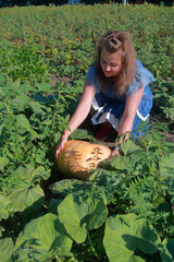 Girl in the garden with a large pumpkin.