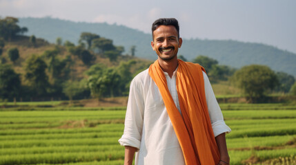 Happy Indian farmer with Rice Field on background.