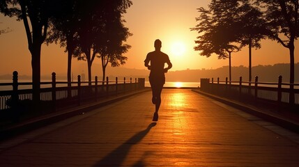 Silhouette of a man running jogging in the morning. Man fitness silhouette sunrise jogging workout wellness concept. Generative AI