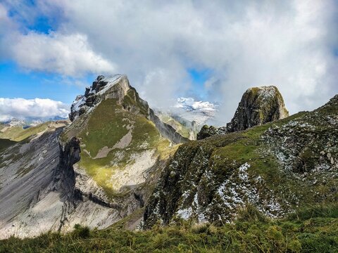 View of the Druesberg Mountain from the Forstberg above Hoch Ybirg. Wonderful autumn  panorama. Hiking in the alps. High quality photo