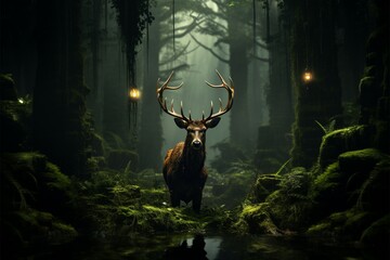 Spooky forest backdrop a hidden deer in a lifelike portrayal