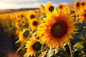 Sunflowers in full bloom, basking in the backdrop of a sunset