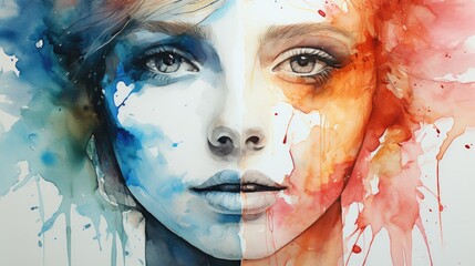 A girl's face with multicolored watercolor stains
