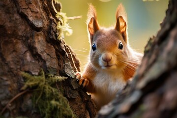 Naklejka na ściany i meble The inquisitive red squirrel undergoes a fascinating transformation behind a tree