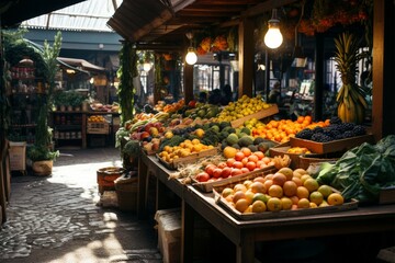 Fototapeta na wymiar Under a roof, the local market dazzles with fresh produce