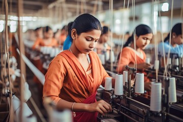 Indian female coworkers dressed in saris operating equipment producing spools in textile factory - obrazy, fototapety, plakaty