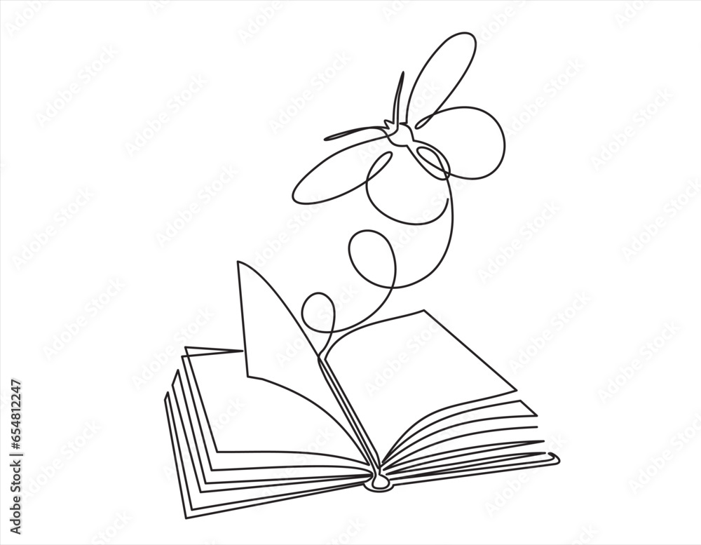 Poster continuous one line drawing of open book with flying butterfly. vector illustration on white backgro
