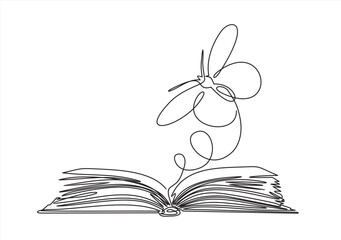 Continuous one line drawing of open book with flying butterfly. Vector illustration on white background.