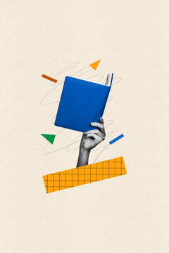Collage sketch painted picture of human arm hold book encyclopedia dictionary knowledge intelligence development concept