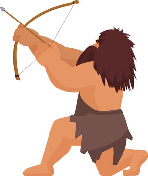 Caveman hunting with bow. Primitive hunter with old ancient weapon cartoon vector illustration
