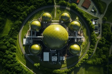 Aerial view of a biogas plant taken by a drone. Generative AI