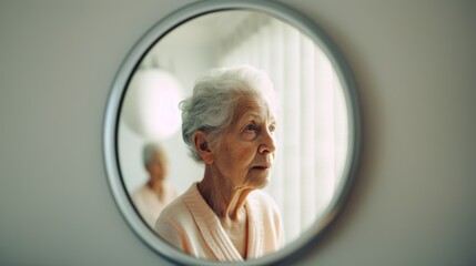 Elderly woman with Alzheimer, reflection in mirror  - obrazy, fototapety, plakaty