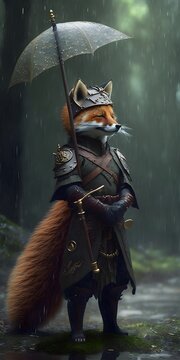 Character Steampunk Anthropomorphic Fox Medival Warrior In Forest Ultra Muscular Smiley And Screaming Very Windy Heavy Rain Superhero Stance Photographed By Fan Ho 