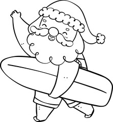 Cute Summer Santa Claus with surfboard, kawaii Christmas cartoon doodle  outline