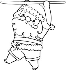 Cute Summer Santa Claus with surfboard, kawaii Christmas cartoon doodle  outline