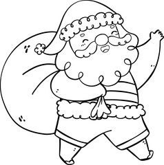 Cute Summer Santa Claus with sack, kawaii Christmas cartoon doodle  outline