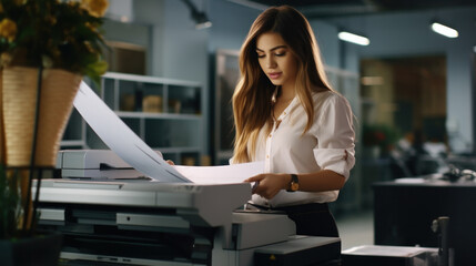 Woman using printer while working in print shop. Female printshop worker using printing device. - obrazy, fototapety, plakaty
