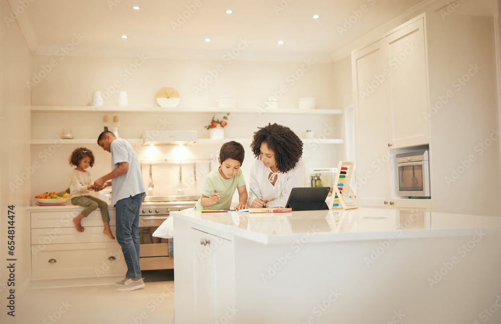 Poster Learning, child and mother help with math homework in kitchen of family home for development and education. Support, mom and boy kid with school work and study at table for knowledge and calculation