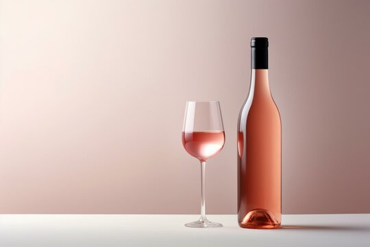 A bottle of pink wine against a plain background for realistic presentation purposes. Generative AI